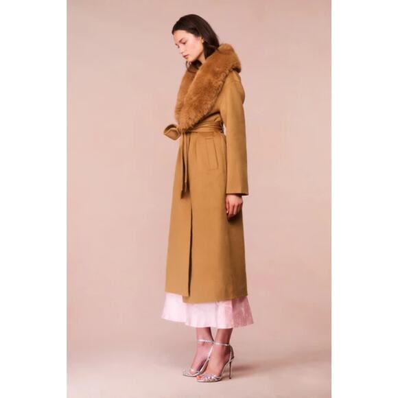 LoveShackFancy Mahika Wool Cashmere Faux Fur Collar Coat Camel - Picture 3 of 11